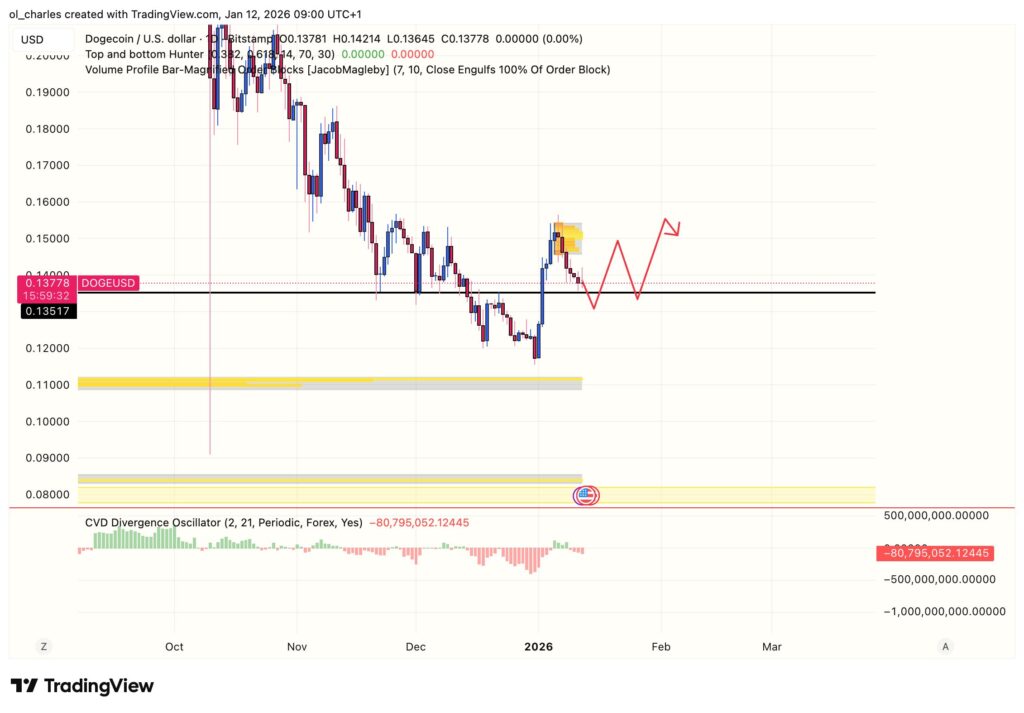 cours du DOGE dogecoin en 1 jour avec order block