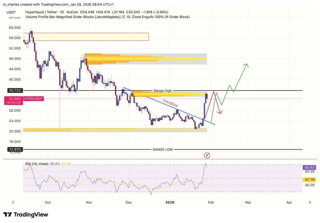 cours du HYPE Hyperliquid en 1 jou avec order block et RSI