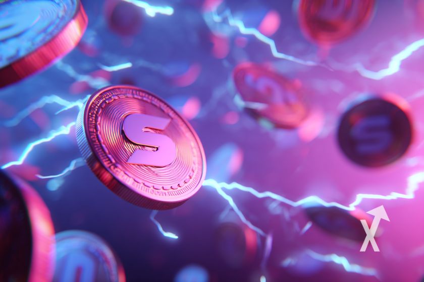 Coin solana avec d'autres coins autour en rose/violet dans un univers violet avec de l'électricité bleue
