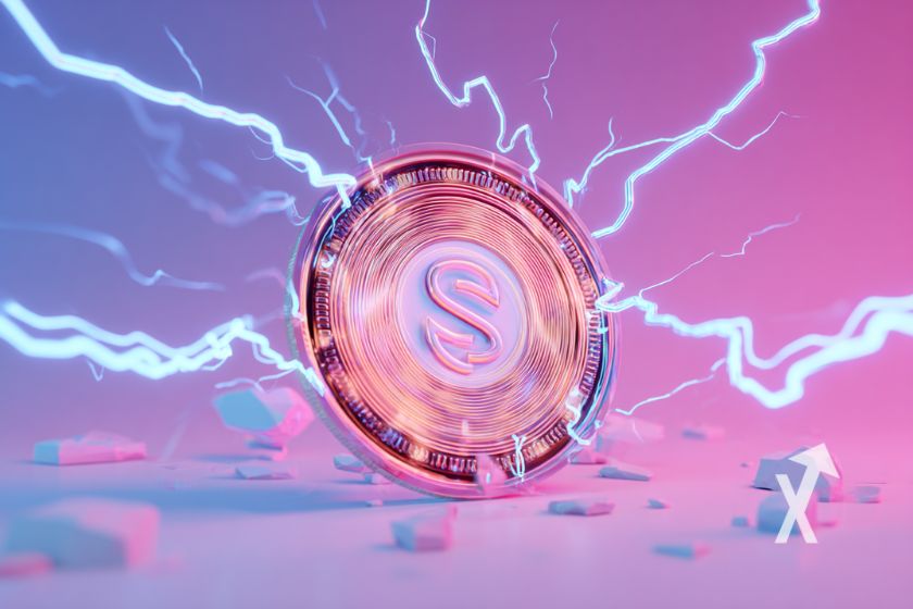 coin solana sur un fond rose et violet avec de l'électricité bleue