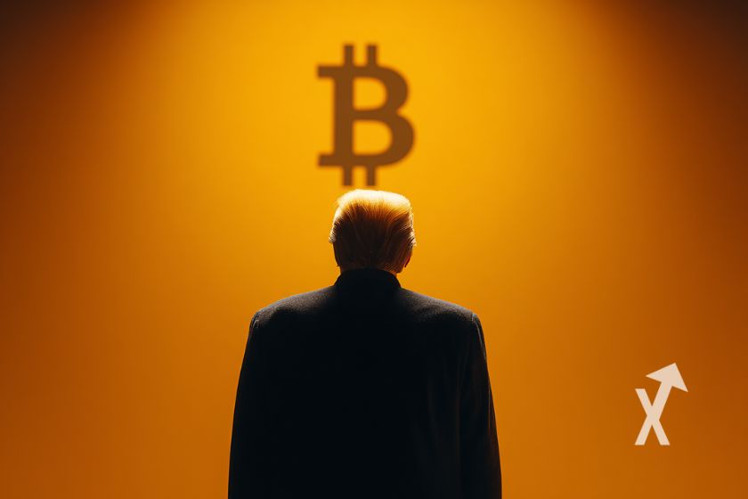 Donald trump de dos sur un fond orange et un logo Bitcoin au-dessus de lui