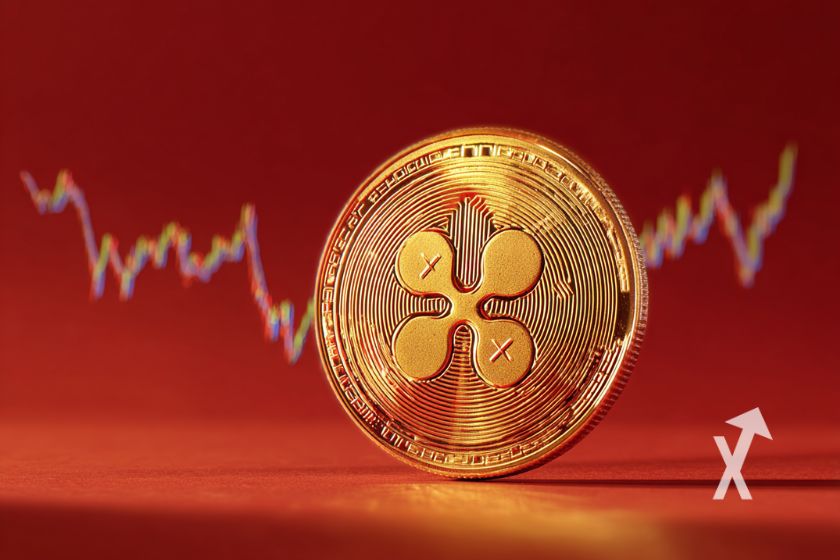 coin XRP sur un fond rouge avec une trendline de prix en fond