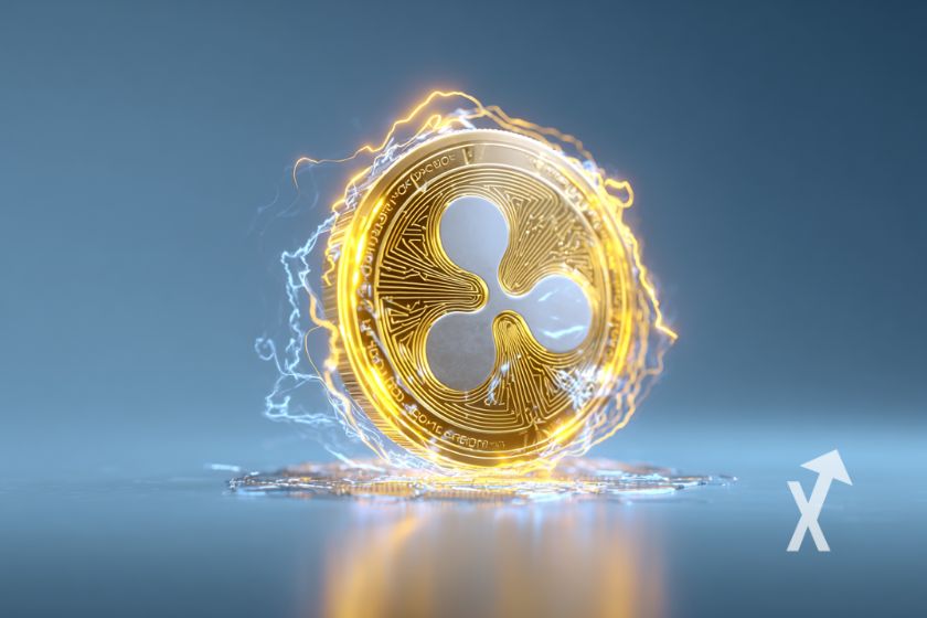 coin XRP en jaune avec électricité sur un fond bleu
