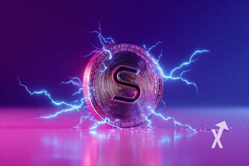 coin solana avec électricité bleue sur un fond violet et rose sombre