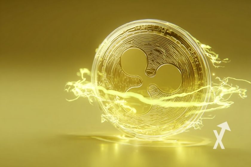 XRP coin en jaune avec électricité jaune autour sur un fond jaune