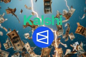 fond bleu avec des billets dollars partout et de l'élecricité et logo polymarket et Kalshi