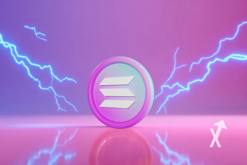 Coin solana en rose sur un fond rose avec électricité bleue autour