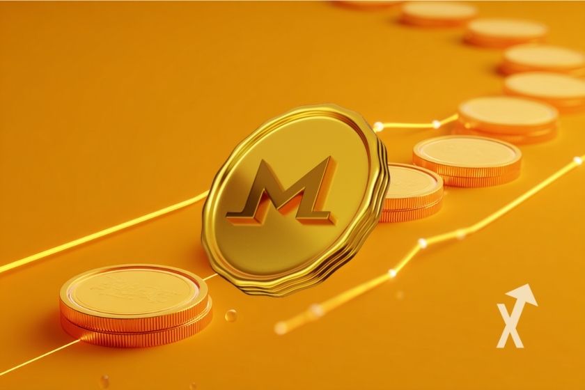 Coin Monero XMR sur un fond jaune avec d'autres coins jaunes en file posés au sol et deux neaons jaunes autour en ligne droite