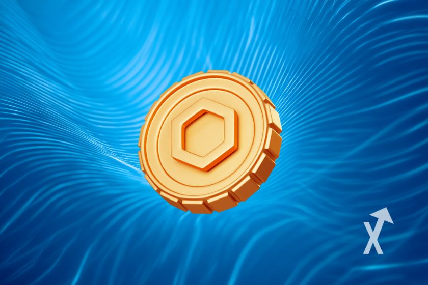 coin Chainlink LINK en jaune sur un fond bleu avec des vagues