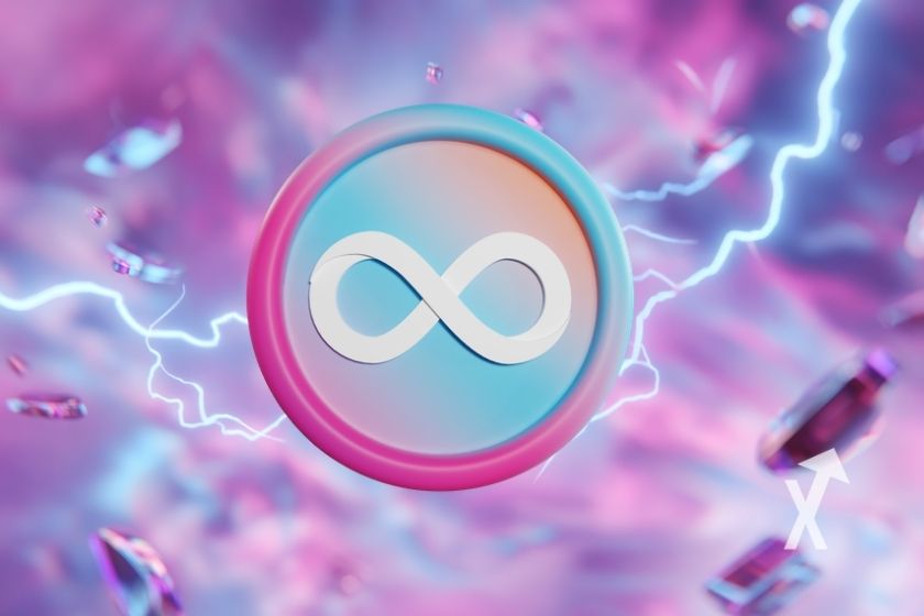 coin ICP en rose sur un fond violet et rose avec de l'électricité bleue