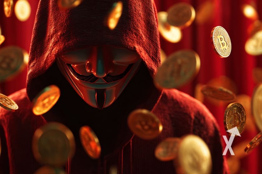 Homme masqué dans un fond rouge avec des coins bitcoin qui volent partout