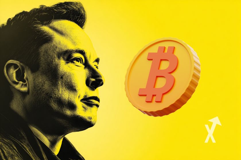 Elon Musk avec un Bitcoin coin jaune sur un fond jaune