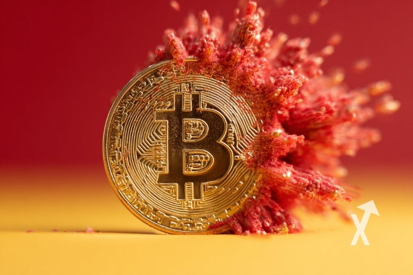 coin Bitcoin dans une fumée rouge sur un fond rouge et jaune
