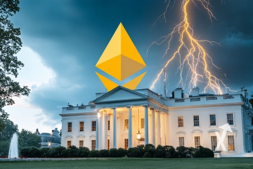 ethereum logo en jaune au dessus de la maison blanche avec un éclair jaune qui tombe