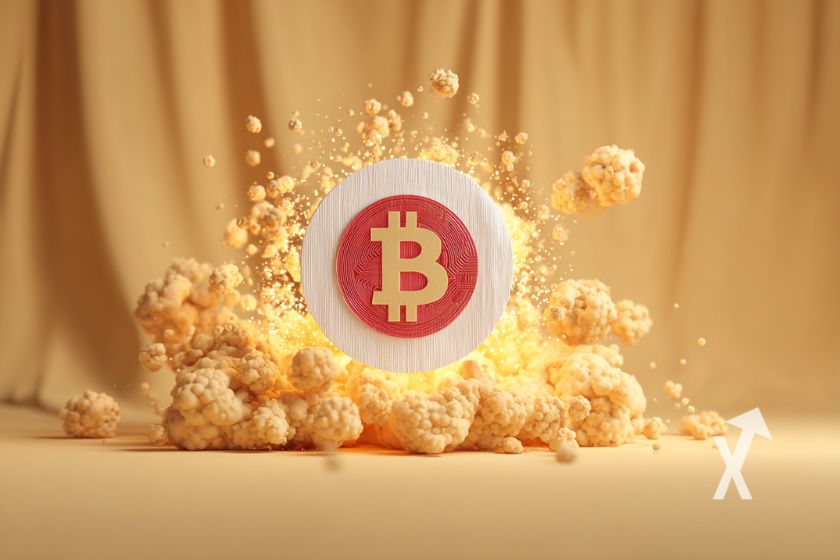 coin Bitcoin avec les couleur du drapeau du Japon sur un fond jaune avec de la fumée orange derrière