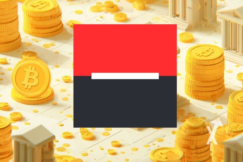 logo Société générale avecun fond blanc et coins jaunes Bitcoin