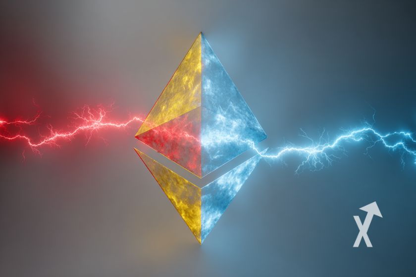 Ethereum logo en bleu et jaune moitié gris moitié bleu avec électricité rouge et bleue