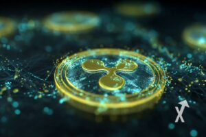 coin XRP avec électricité bleue sur un fond digital bleu et noir