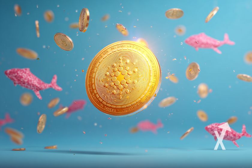 coin ADA cardano en jaune sur un fond bleu et baleines roses