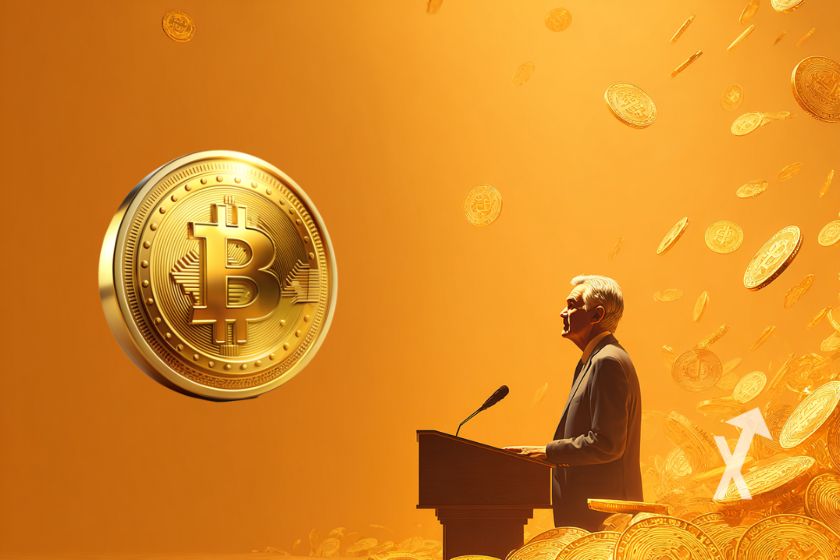 Bitcoin coin sur un fond orange avec Jerompe Powell derrière un pupitre