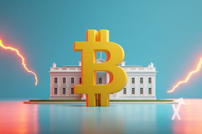 Bitcoin logo en jaune devant la maison blanche sur un fond bleu avec éclairs jaunes et rouges sur les côtés