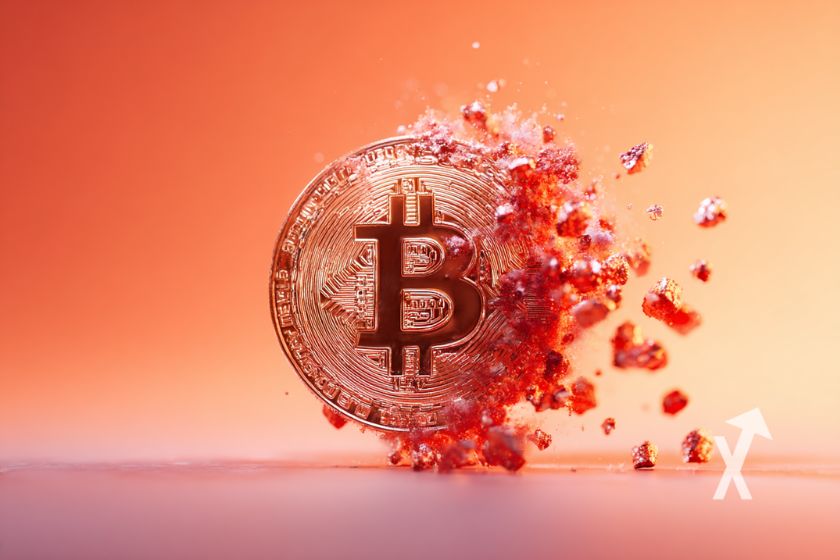coin Bitcoin qui se désintègre sur un fond orange rose