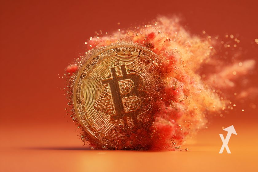 coin Bitcoin rouge sur un fond rouge avec fumée rouge