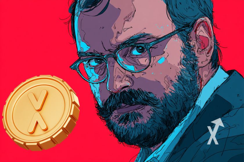 hoskinson, pdg de cardano, avec un air méchant sur un fond rouge et un coin xrp jaune