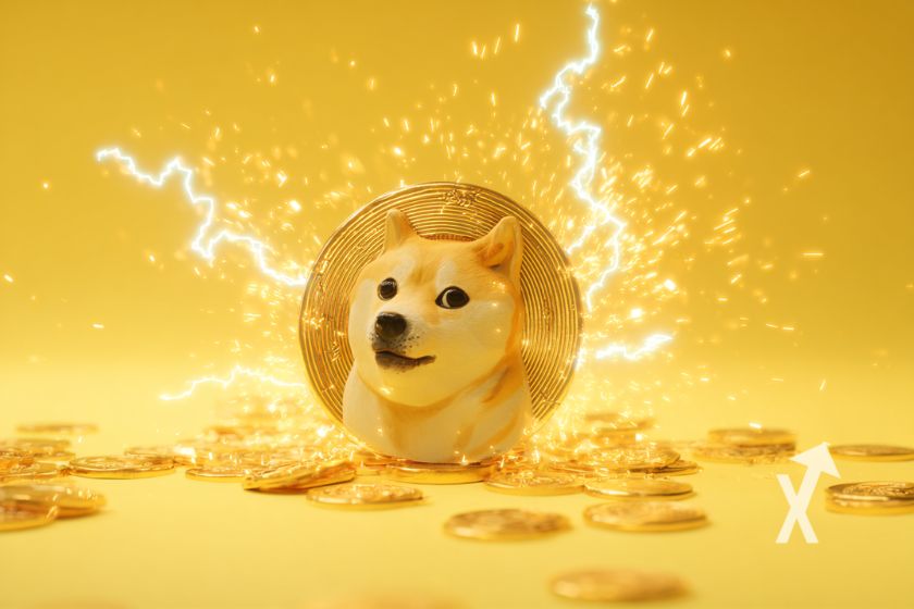 coin dogecoin sur un fond jaune avec de l'électricité et des coins posés au sol