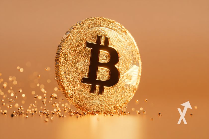 coin Bitcoin en or sur un fond orange avec éclats d'or autour