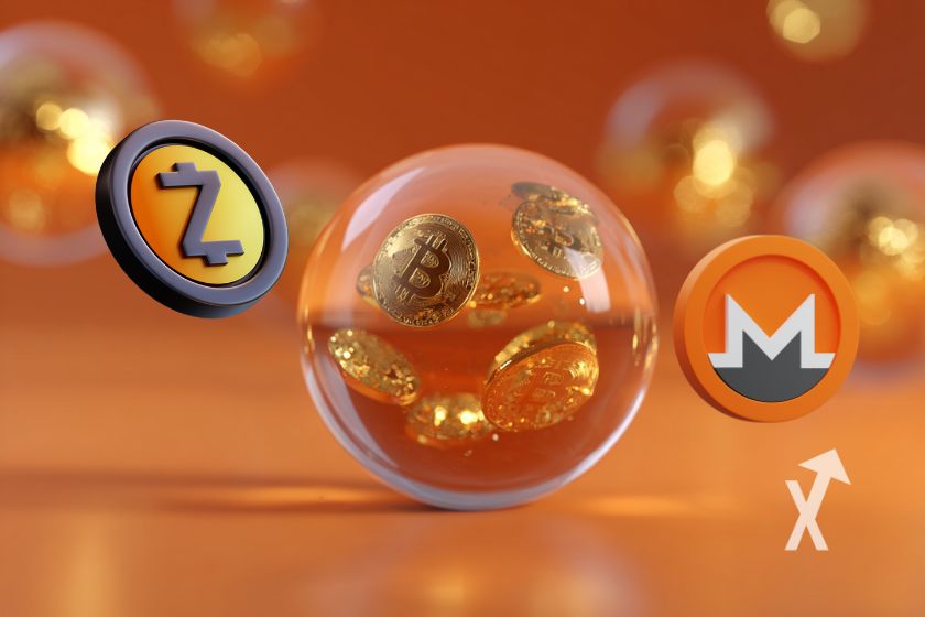 bulle avec des bitcoins dedans et des cryptos Monero et Zcash sur un fond orange