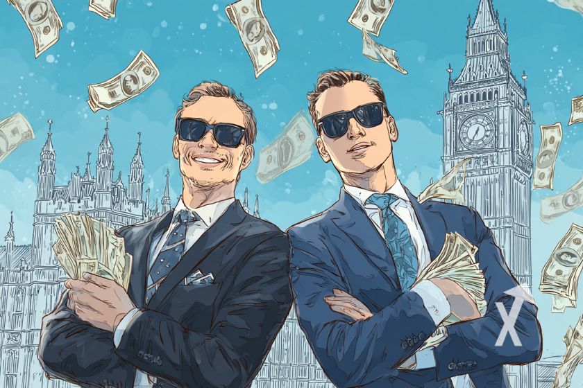 deux hommes avec des lunettes et un costume joir devant le Big Ben de Londres