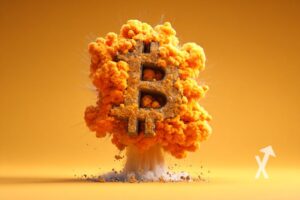 Bitcoin logo avec explosion de fumée orange et sur un fond orange