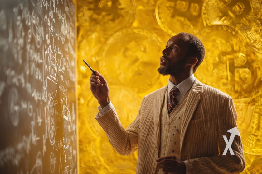 Homme en costume beige sur un fond jaune de coisn Bitcoin et l'homme regarde un tablea noir et tiens une craie