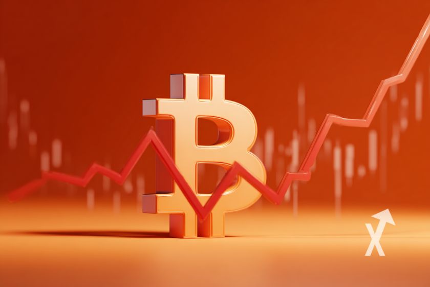 logo Bitcoin sur un fond rouge avec trendline qui lont e rouge et des bougies japonaises jaunes