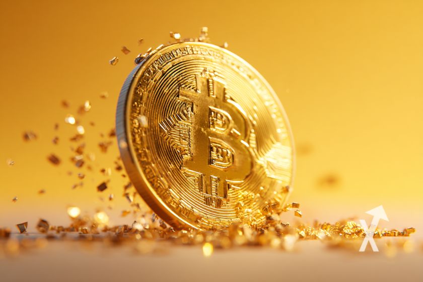 Coin Bitcoin sur un fond orange avec pépite d'or
