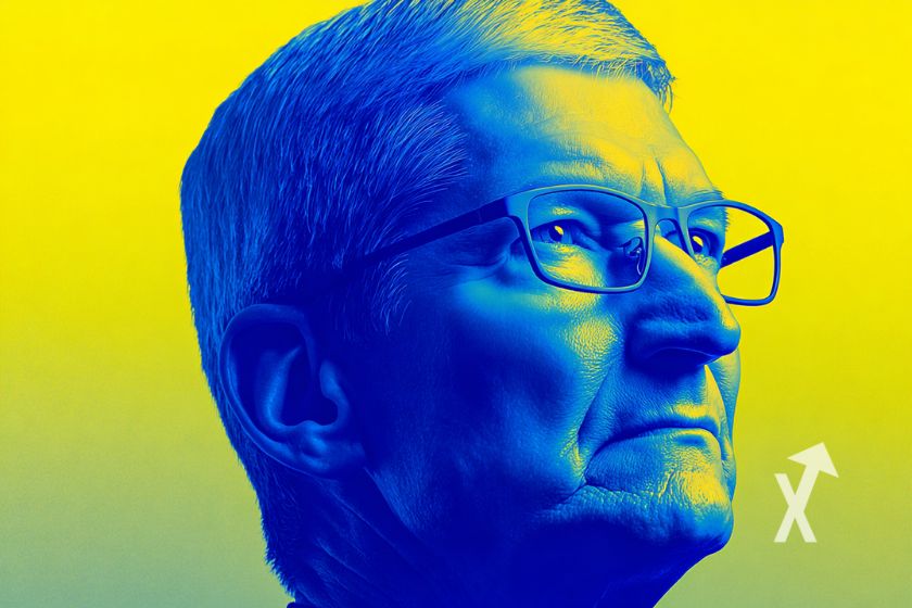 tim cook en bleu et un fond jaune style photographie
