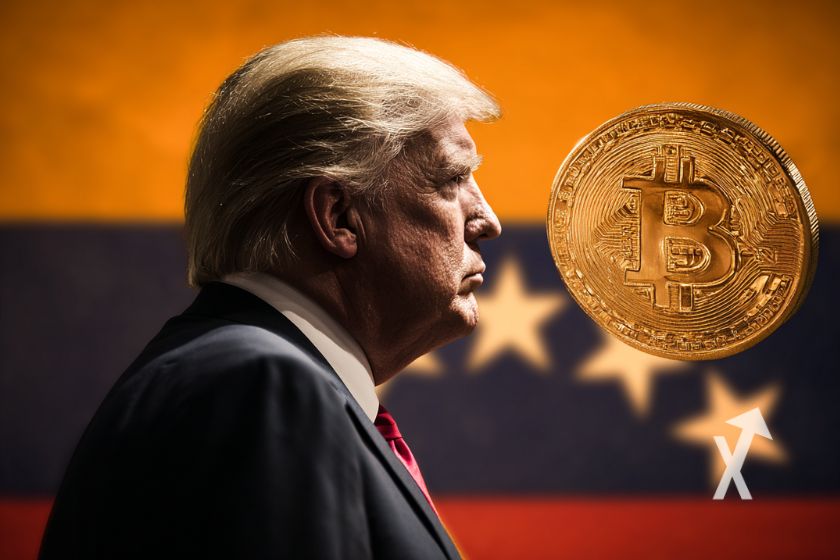 coin bitcoin avec trump et le drapeau du Venezuela en fond