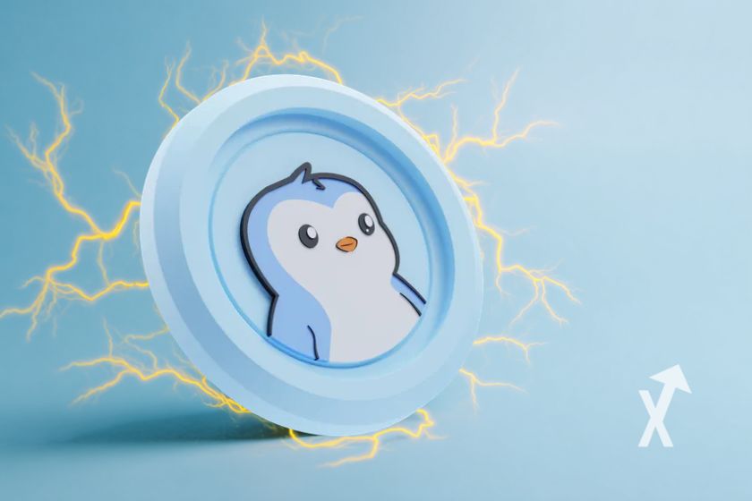 coin pengu avec électricité autour et sur un fond bleu ciel