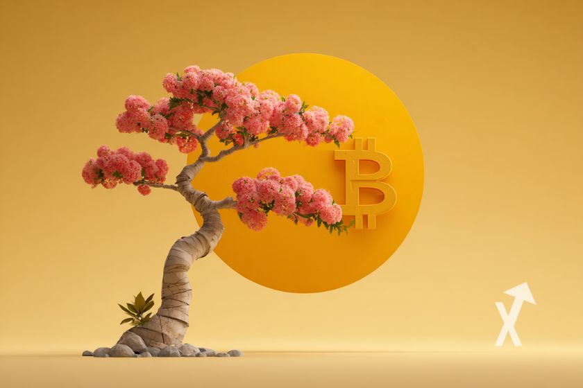 Arbre cerisier sur un fond jaune avec un rond orange et un logo Bitcoin dedans