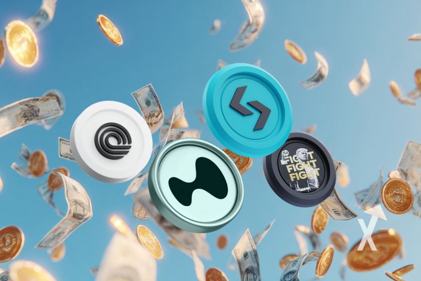 coin ONDO hype BGB Trump dans un ciel bleu avec des cryptos coins et des billets dollars