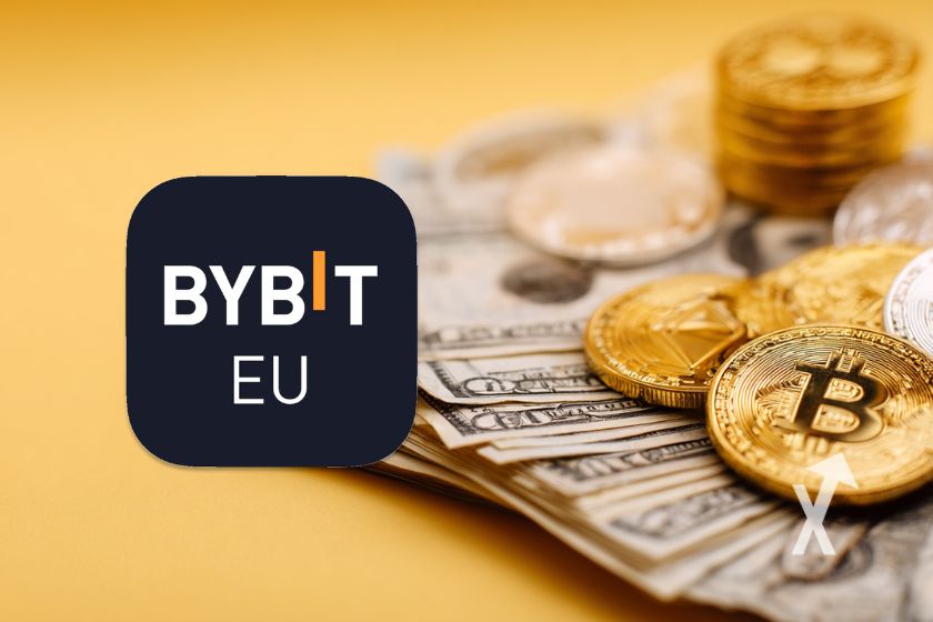 logo Bybit.eu sur un fond jaune avec billets dollars et coins Bitcoin