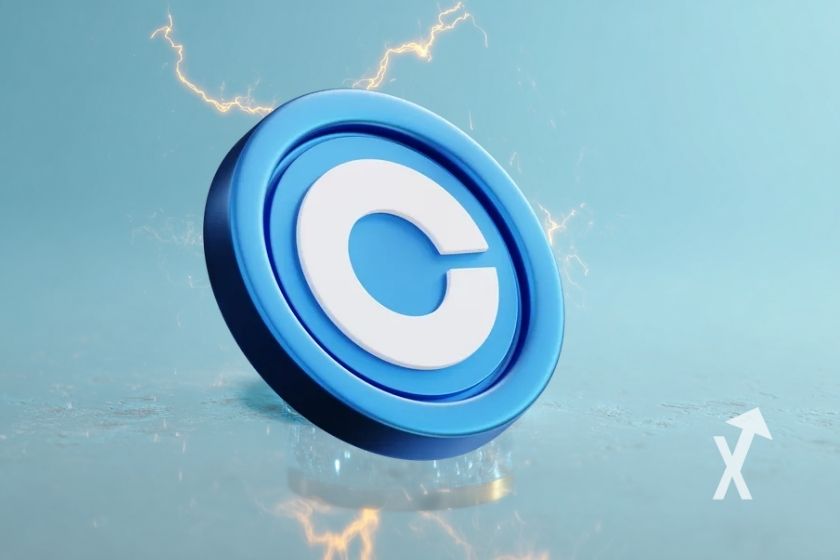 coin coinbase sur un fond bleu avec électricité jaune