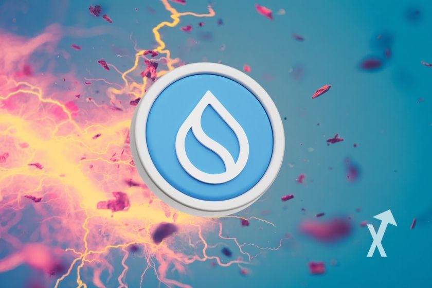 SUI coin sur un fond bleu avec nuage rose et éclairs jaunes