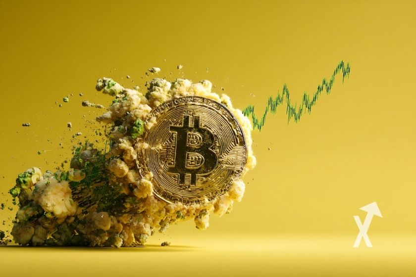 Coin Bitcoin sur un fond jaune avec fumée grise et trendline price en verte qui monte