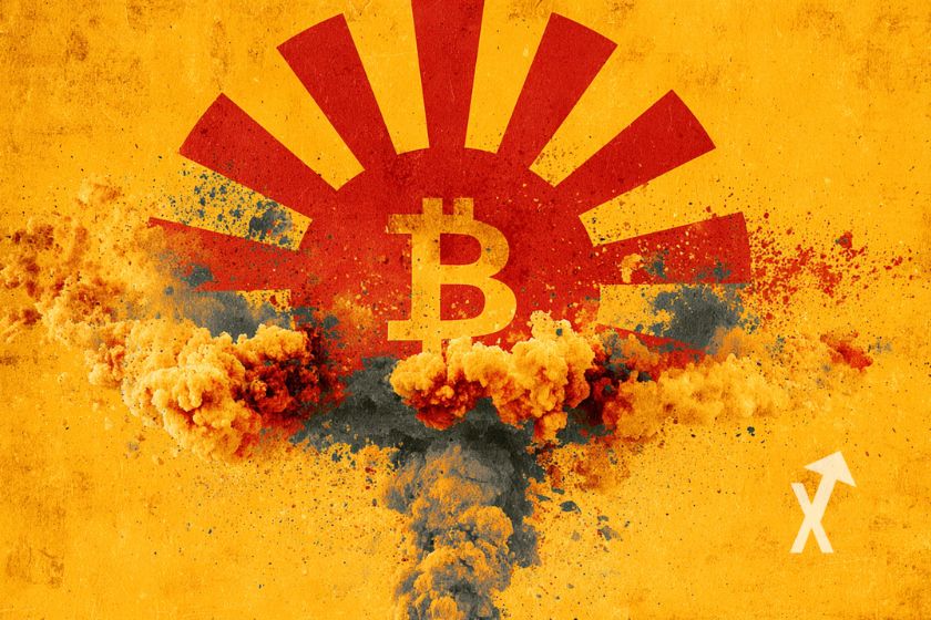 bitcoin logo sur un fond jaune au style japonais avec un soleil levant rouge en lignes