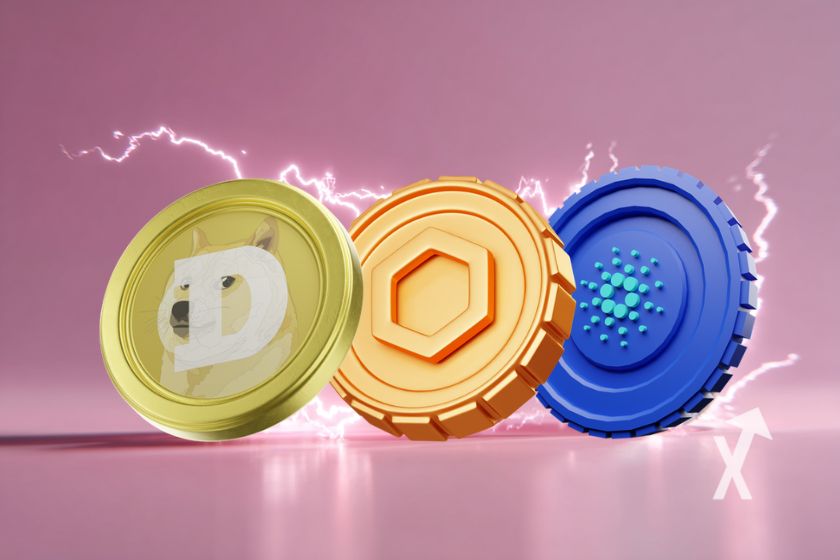 coin dogecoin, chainlink et cardano sur un fond rose avec de l'électricité rose autour