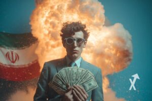 homme en costume avec lunettes et des dollars dans les mains sur un fond bleu avec le drapeau de l'IRan et une explosion