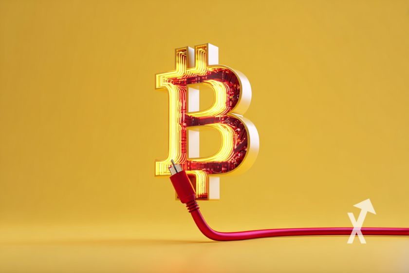 Logo Bitcoin sur un fond jaune avec une prise brancée dessus en rouge