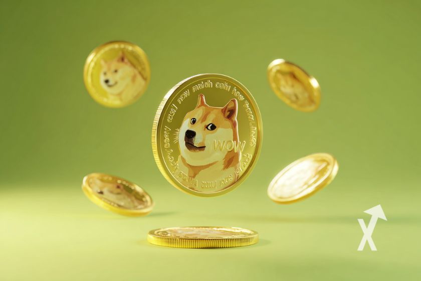 coins dogecoin sur un fond vert clair avec un au centre et d'autres autour